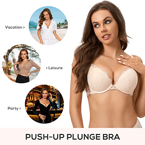 Image of DOBREVA Women's Push Up Lace Bra Underwire Plunge Full Coverage Bras Sexy Plus Size Support
