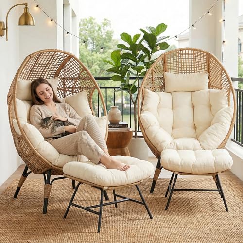 NICESOUL 2-Person Wicker Egg Chair Set with Ottoman
