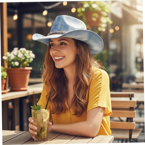 Chapeau de cowboy en denim tie-dye avec perles pour femme - 2
