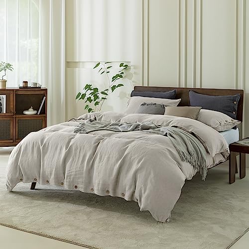 EVERLY 100% Pure Linen Duvet Cover Set Queen Size90X90Inch 3pcs (1 Duvet Cover,2 Pillowcases) Soft and Breathable for All Season with Coconut Button Closure, Suitable for Hot Sleepers-Linen-Queen