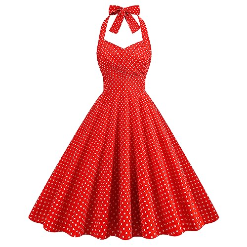 Image of 1950s Dresses for Women Vintage Retro Cocktail Party Swing Dresses Halter Floral Rockabilly 50s Polka Dot Pin up Dress