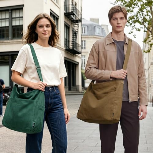Image of KALIDI Canvas Tote Bag Zipper Large Crossbody Shoulder Bag Messenger Bag | Hobo Purse Cross Body Handbag for Women or Men Casual College Work Travel Daily Commuting Everyday