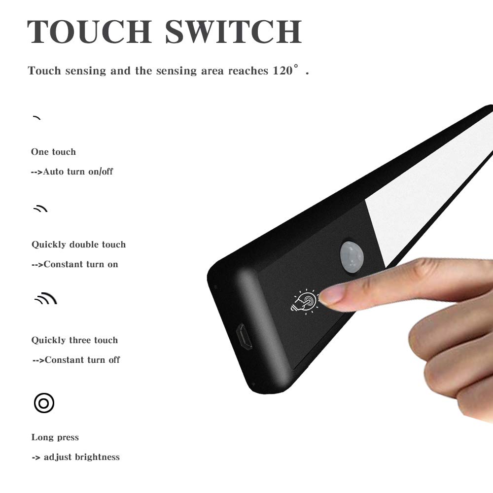 CARLITS LED Closet Light, Dimmable Motion Sensor Activated Under Counter/Cabinet Lighting USB Rechargeable 54 LEDs -4Modes Touch Switch-Magnetic Stick Night Bar for Stairs,Wardrobe,Kitchen,Bedroom