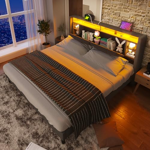 Generisch Cama tapizada de cama doble con espacio de almacenamiento, cabecero de cama con carga USB e iluminación LED, somier de láminas de madera, 160 x 200 cm, gris (sin colchón)