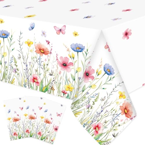 Image of Ganeen 3 Pcs Colorful Floral Tablecloth Disposable Plastic Wildflower Table Cloth Butterfly Flower Rectangle Table Cover for Birthday Wedding Valentines Easter Spring Tea Party Decor, 54 x 108 Inch