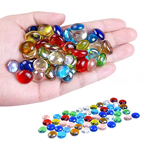 KINGOU 50 pcs Replacement Mancala Stones Mixed Colored Flat Glass Pebbles/Beads/Gems for Games (12-15mm)