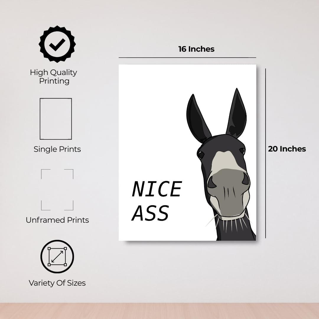 InkFlow Posters Donkey Humor Canvas Poster - Playful Nice Ass Typography Art - Minimalist Animal Illustration Style - Bathroom Farm Wall Decor - 16x20 Unframed Canvas Print