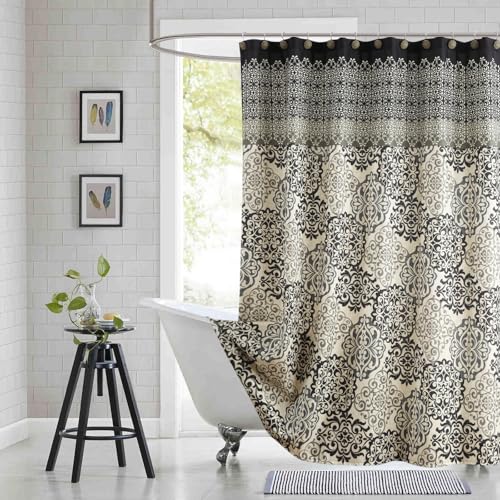 BESTRIPES Stall Fabric Shower Curtain, Black and Beige Boho Medallion Print Shower Curtains for Bathroom, 54" W x 72" H