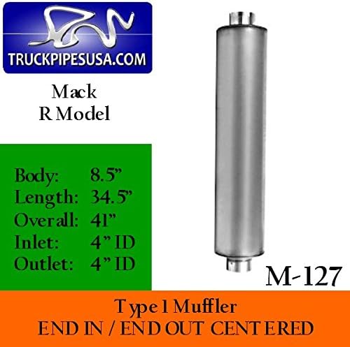M-127 Mack R-Model Round Muffler 8.5" x 34.5" Long x 4" IN/OUT