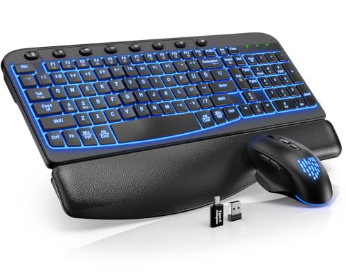 Wireless Keyboard and Mouse Combo Ergonomic - MA12Pro Wave Keyboard with Leather Wrist Rest for...