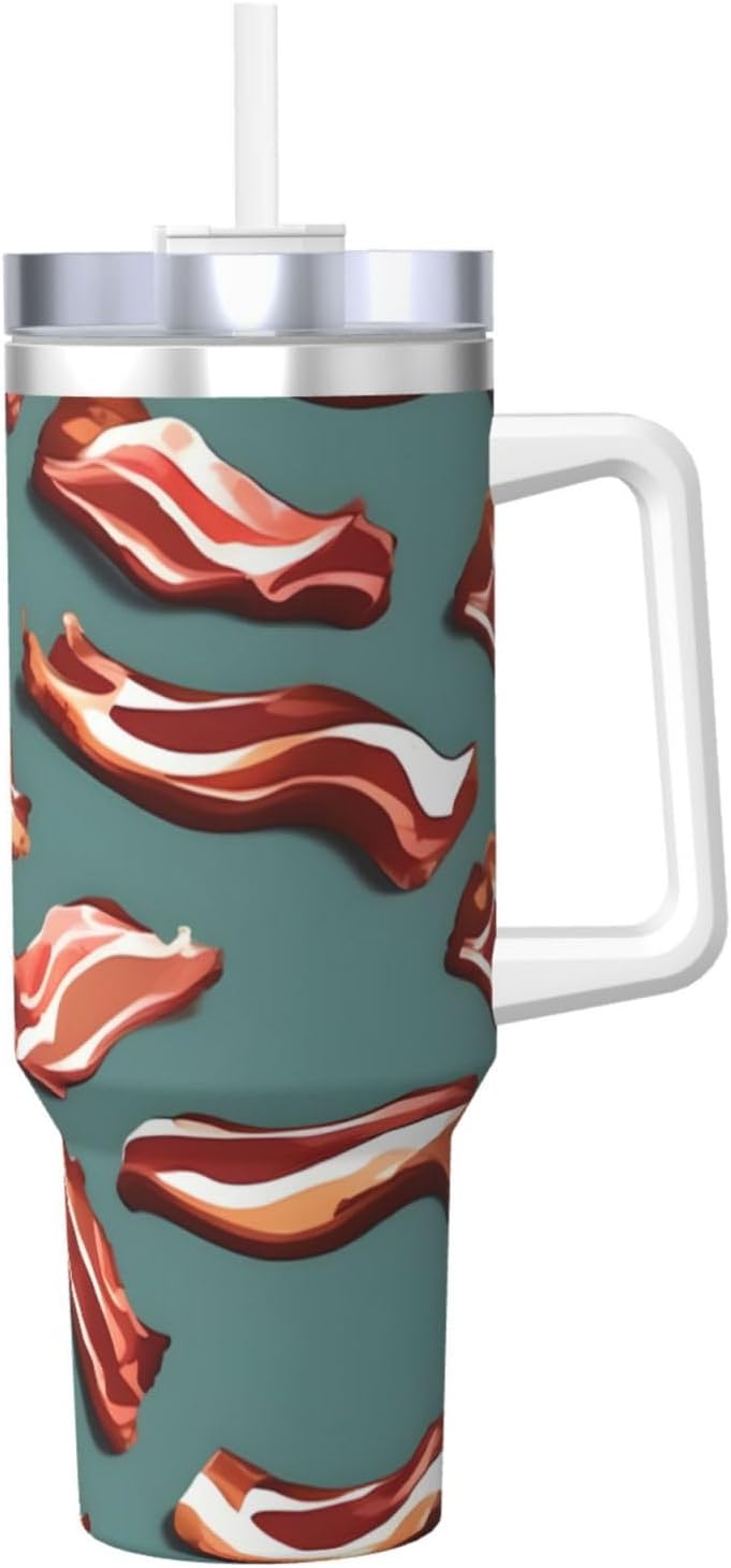 40 OZ Streaky Bacon Pattern Print Ice Bully Cup with Handle Straw Lid Straw,Stainless Steel Tumbler Coffee Cup