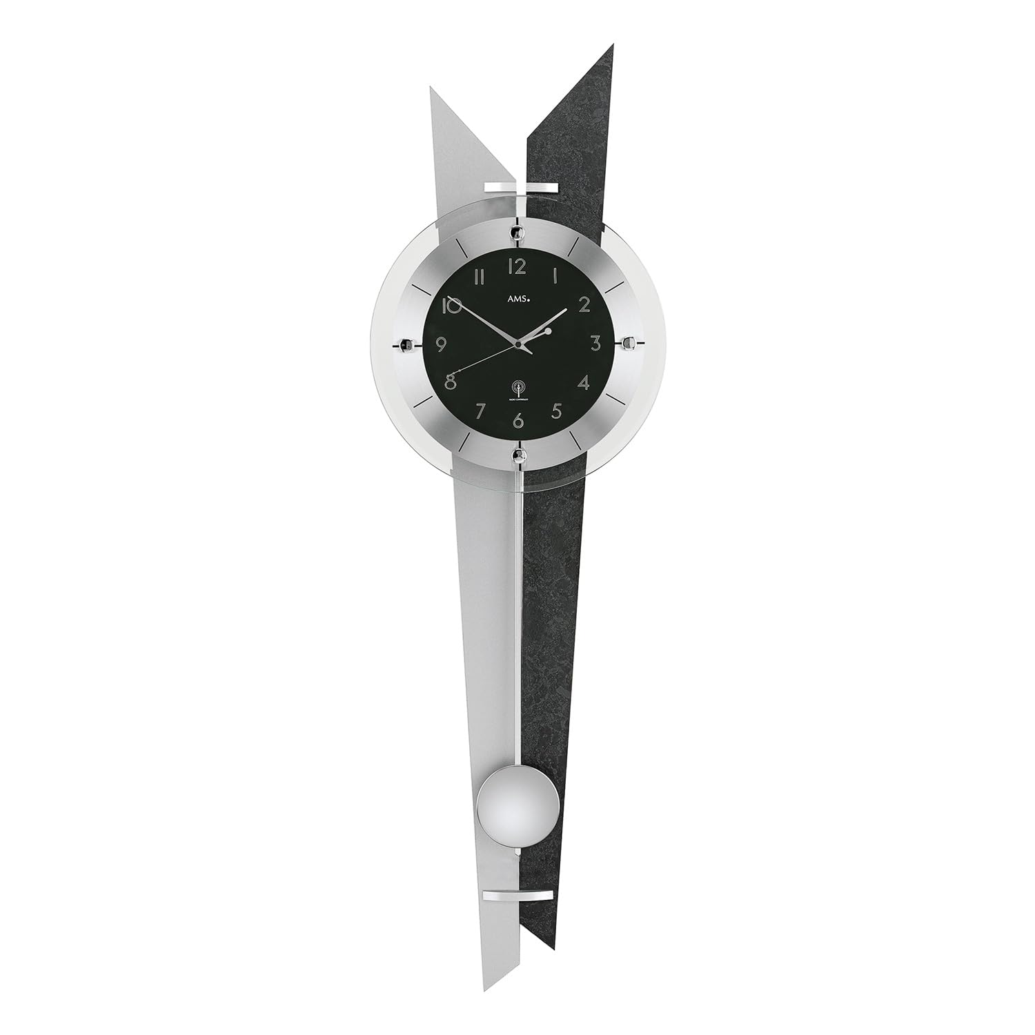 AMS. Pendelwanduhr 5253, Silber-Schwarz, Holzgehäuse mit Schieferoptik und Aluminium Applikation, Mineralglas