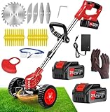 Cordless Weed Wacker, Electric Grass Trimmer 21V 4.0Ah Battery Powered Weed Trimmer, 3 in 1 Stringless Lightweight Brush Cutter/Edger/Mower with 4 Types Blade & Wheels for Garden and Yard Lawn