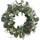 idyllic 14” Artificial Green Leaves Wreath Eucalyptus Round Wreath for Home Decoration Rustic Farmhouse Decor for Festival Celebration Front Door (1 Pack)