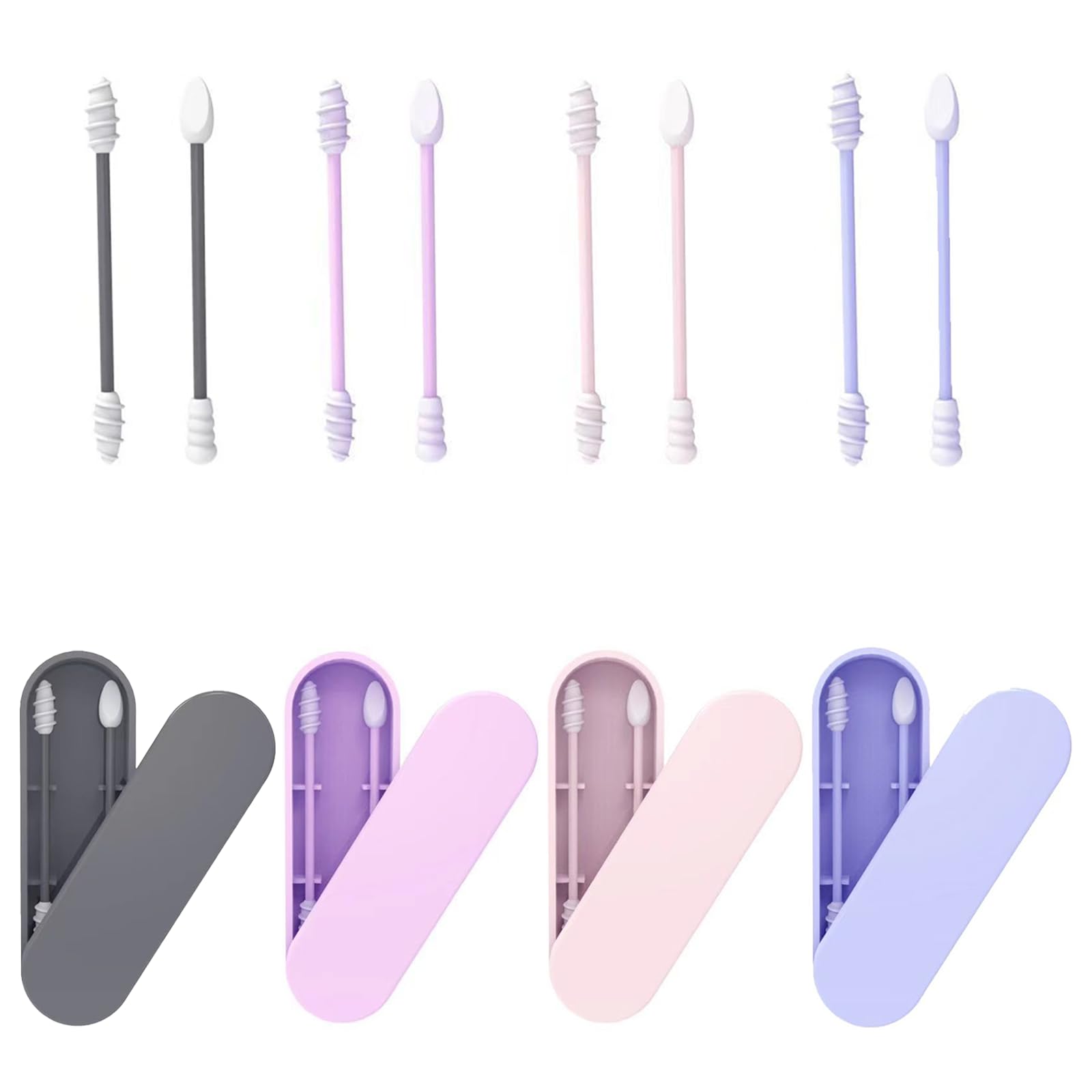 Lot de 8 Coton Tige en Silicone à Double Extrémité, Coton-Tige en Spirale Réutilisable et Lavable, Avec Boîte de Rangement Hygiénique - pour le Maquillage Quotidien et Nettoyage des Oreilles