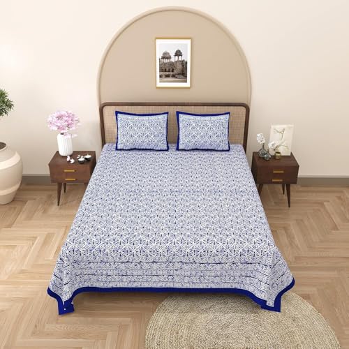 Image of Opulent Collection Double Bedsheet with 2 Pillow Cover | 100% Cotton Bedsheets for Double Bed | Handloom Bedsheet | Size 86x90 inches | King Size (90X102 Inches) (Catalina Blue, King)