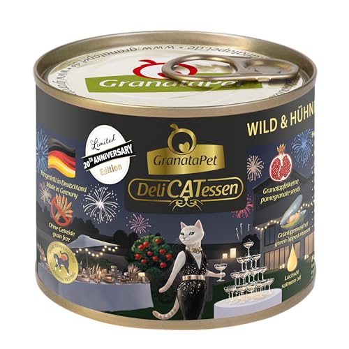 GranataPet Delicatessen Jubiläumsedition Wild und Hühnerherzen, Nassfutter für Katzen, Katzenfutter für Feinschmecker, Futter ohne Getreide und ohne Zuckerzusätze, 6 x 200 g