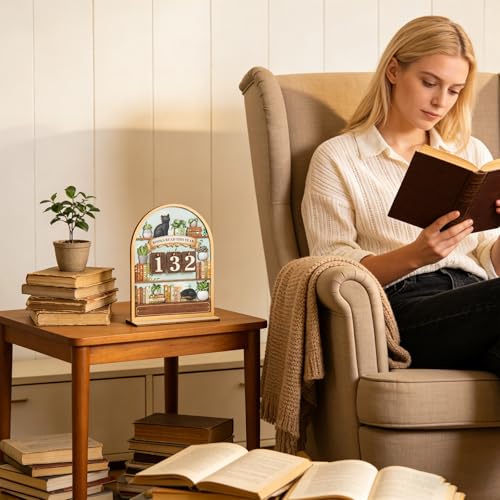 Bücherregal Deko, Holz Lesetracker Deko Schreibtisch mit Schwarzer Katze, Buch Zubehör Komplettes Set für Leseratten und Bookish Stuff, Ästhetische Schreibtischdeko als Geschenk für Leseratte