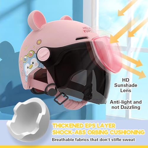 Image of Proberos Kids Bike Helmet for Boys & Girls Ages 5-12, UV400 Sun-Proof Goggle Lightweight Cartoon Bike Helmet with Detachable Ear Guards & Adjustable Chin Strap, Cushion Liner Design, Light Pink