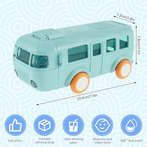 Image of Zollyss Kids Water Bottle with Straw, Cartoon Bus Design, 500ml Capacity, One-Button Press Lock (Green)