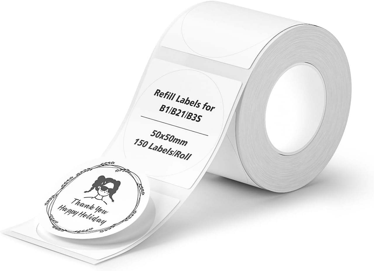 Labels for B21/B3S Label Printer, Thermal Labels 2'' x 2''(50x50mm), Waterproof, Oil-Proof Sticker Labels, 1 Roll of 150 Sticker Labels (Round White)