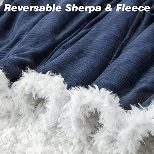 Lbro2M Sherpa Fleece Blanket Super Soft Cozy Winter Warm Plush Blankets, Herringbone Double Reversible Luxurious Travel Blankets For Couch Bed Sofa Chair Gift（60 * 50 Inches,Navy Blue #TOP2