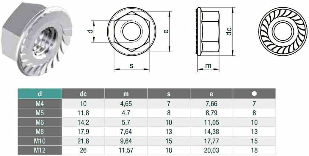 Tuercas hexagonales con brida y dentado de bloqueo DIN 6923, acero inoxidable A2 M16, 20 unidades
