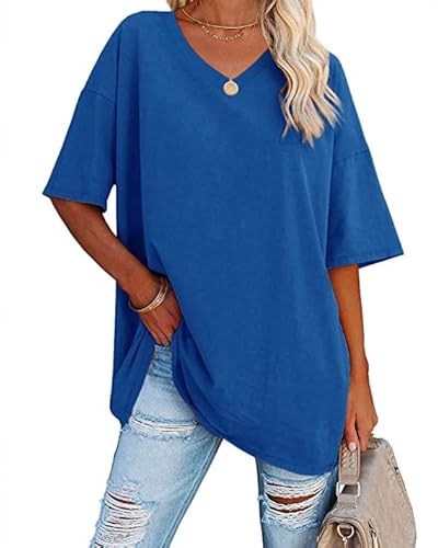 Ebifin Damen Oversize T Shirt mit V-Ausschnitt Kurzärmeliges Casual Lockere Basic Sommer Tee Shirts Bluse.Blau.XL