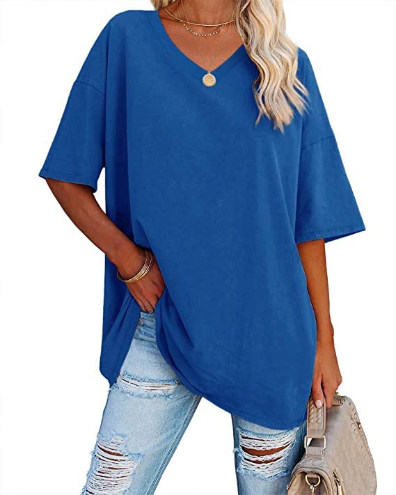 Ebifin T-shirt surdimensionné pour femme avec col en V, manches courtes, décontracté, basique,...