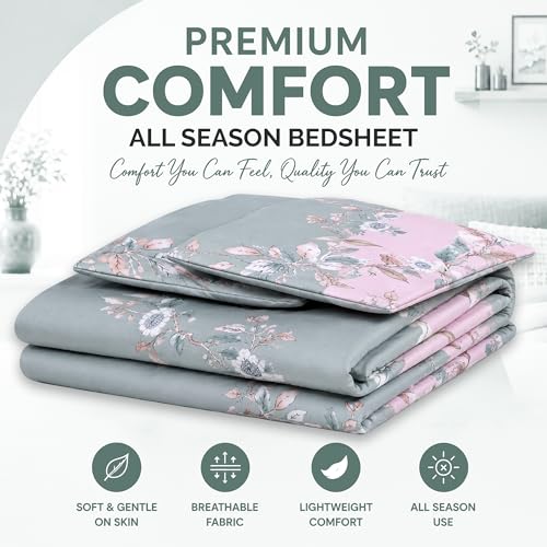 Image of DECORUM Glace Cotton Fitted 1 Bedsheet King Size (72 inchx78 inch) | All Around Elastic | Cotton Feel | 2 Pillow Covers (17 inchx27 inch) | Fits Up to 8 inch Mattress | 200-220 TC | Printed Double Bed Sheet Set