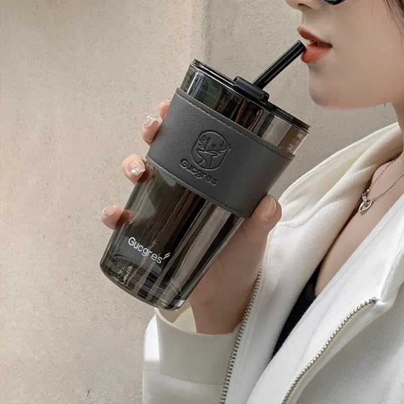 KiKiluxxa Black Beer Can Glass Tumbler with Straw & Lid - 400ml Pack of 1, Mojito, Coffee, Green Tea, Milk Cup, Kids Drink Glass, Reusable Sipper Mug with Leather Belt, Eco-Friendly Drinkware