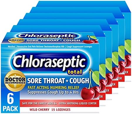 Chloraseptic Total Sore Throat + Cough Lozenges, Sugar-Free Wild Cherry Flavor, 15 CT, 6 Pack