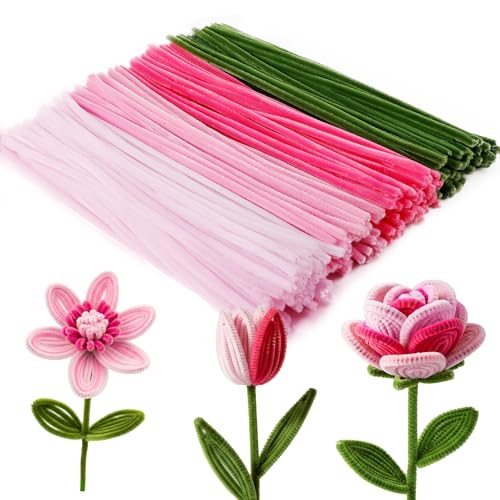 Image of Caydo 200 Pieces Pink Pipe Cleaners for Flowers | Thick Fluffy Craft Chenille Stems for Arts Crafts Projects Making and Creative Home Decorations