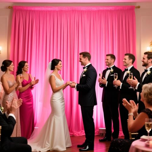 Image of 10ft x 10ft Fluorescent Pink Backdrop Curtains for Parties, Polyester Fabric Backdrop Drapes with Rod Pockets for Weddings, Birthday, Mother's Day, Graduation Party Background Curtain, 2 Panels
