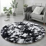 Amdrebio Black White Grey Round Rug 4Ft Circle Area Rugs for Bedroom Living Room, Fluffy Fuzzy Shaggy Furry Rugs for Kids Room Dorm Home Office, Shag Plush Floor Modern Cool Carpet for Men Teen Boys