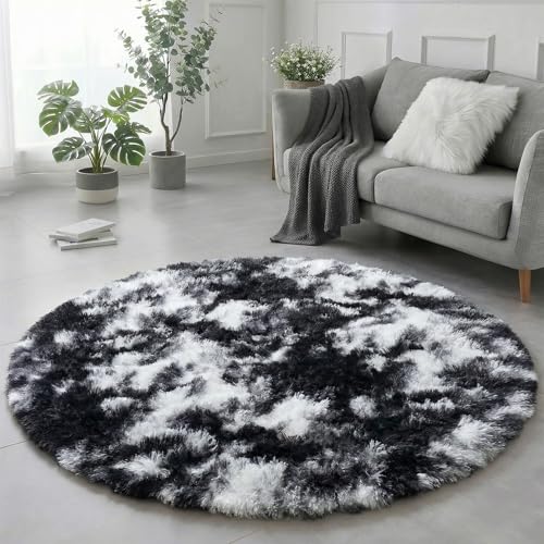 Amdrebio Black White Grey Round Rug 4Ft Circle Area Rugs for Bedroom Living Room Fluffy Fuzzy Shaggy Furry Rugs for Kids Room Dorm Home Office Shag Plush Floor Modern Cool Carpet for Men Teen Boys