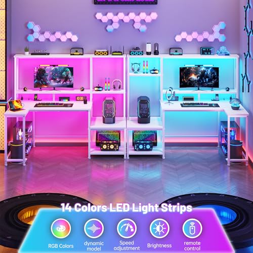 Image of DurayLoly White Computer Desk with Hutch, Small Teen Desk with Power Outlets and RGB Light to Protect Eyes, Reversible Workstation with Printer Space & Monitor Stand for Home Office Space