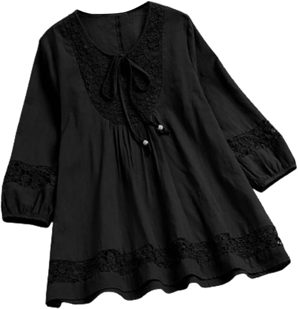 Plus Size Blouse for Women Vintage Lace Patchwork Bow V-Neck Embroidery Summer Three Quarter Retro Solid Tops T-Shirt