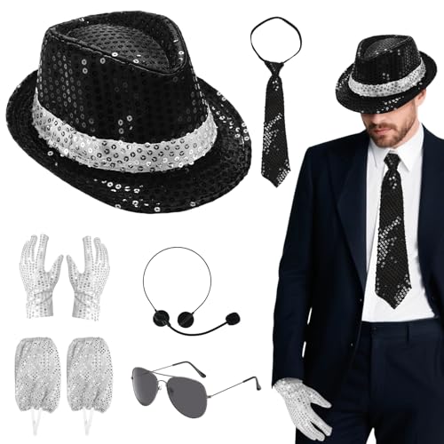 Lot de 8 accessoires de costume MJ - Danseur Rocker Star des années 80 avec chapeau à paillettes jazz gants chaussettes tête microphone cravate lunettes de soleil King of Pop pour fête à thème années