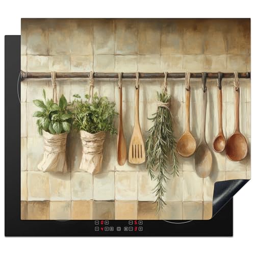 KitchenYeah© Protection Plaque Induction 60x52 cm Protege Deco Cuisine Cache Protège De Cuisson Accessoires Bois - Ustensiles de Cuisine - Nature Morte -...