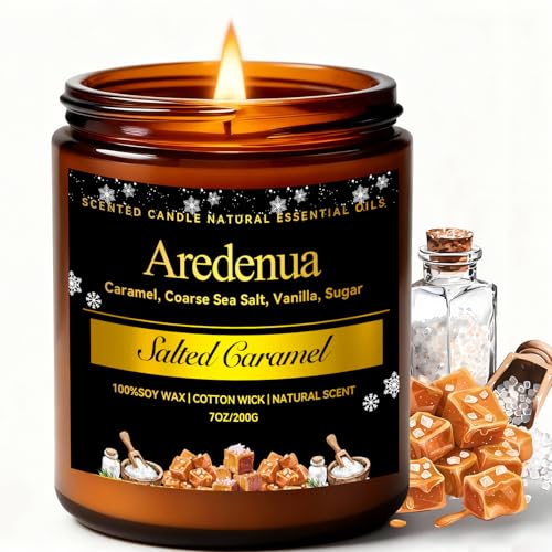 Winter Candles - Salted Caramel Candle | Cozy Holiday Scented Candles - 7oz Jar Soy Candle for Winter Home, Holiday & Christmas Gifts for Women Men Salted Caramels Brown-7oz
