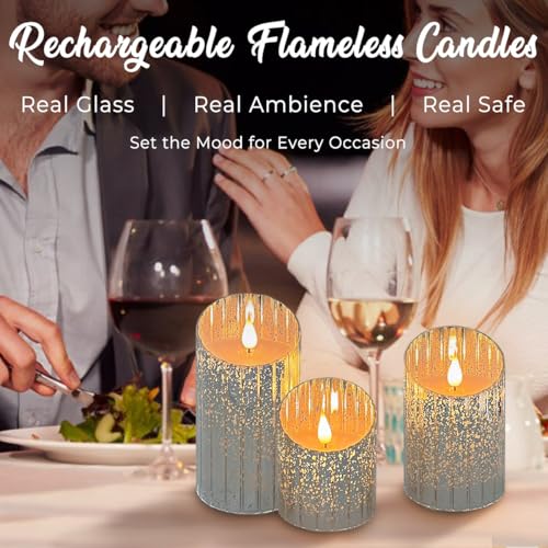 Image of LEDHOLYT Rechargeable Flameless Candle, Flickering LED Pillar Glass Fake Candle with Remote and Timer, Built-in Battery Real Wax Electronic Candle for Room Decoration, Set of 3