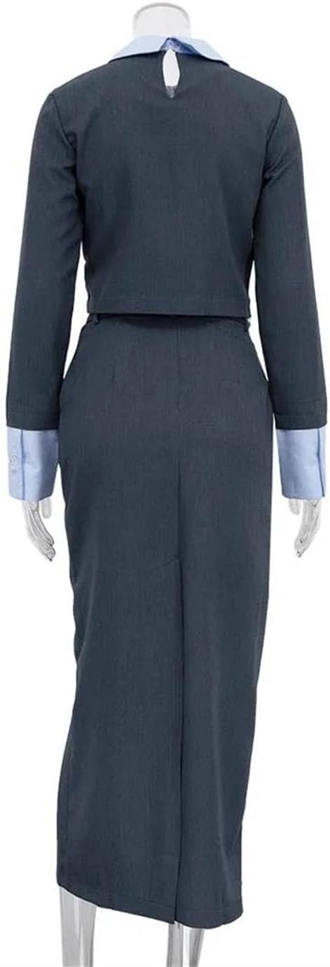 Women Loose Office Skirt Set 2 Piece Elegant Long Sleeve Crop Top with High Waist Long Skirts Set