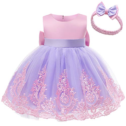 Cmmchaah Princess Girls Lace Embroidery Bow Toddler Dresses Cute Sleeveless Prom Dresses For Baby (Purple+Pink,110) #TOP2