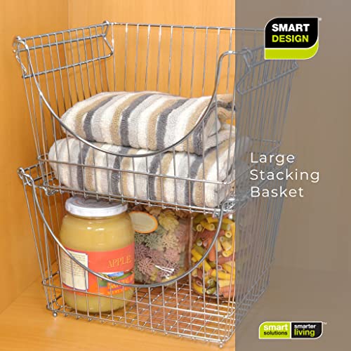 Smart Design Stacking Baskets With Handles - Set Of 6 Large - Steel Metal Wire - Fruit Produce Vegetable Safe Storage Bin Organizer Pantry Counter Stand Rack - 12.5 X 8.5 Inch - Chrome #TOP6