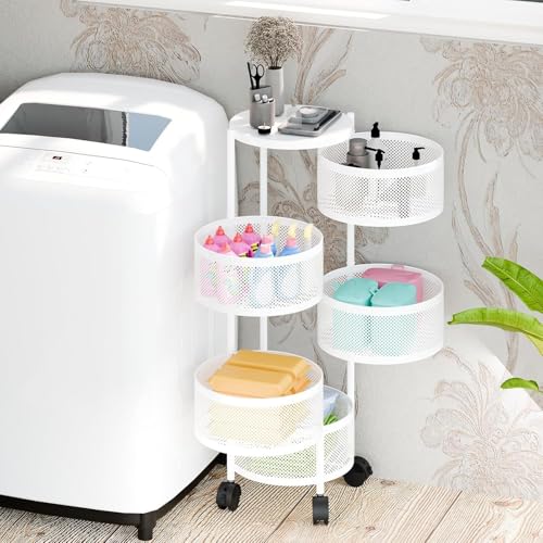 Cesto di frutta e verdura rotante, porta portaoggetti rotondo da cucina, porta frutta rotante, carrello portaoggetti per cucina con 4 ruote - 4 ripiani in tondo cestello bianco