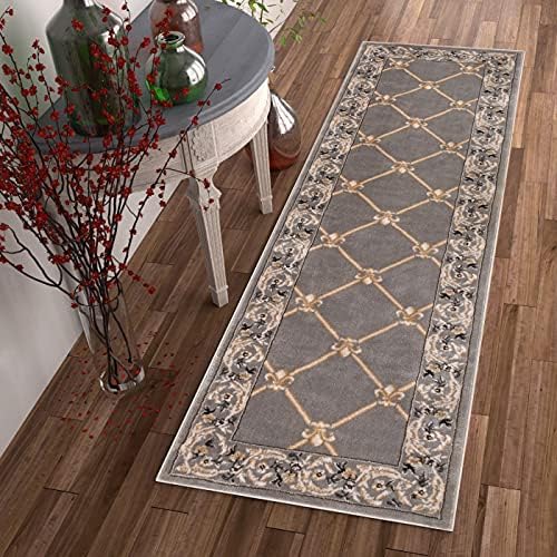 Patrician Trellis Grey Lattice Area Rug European French Formal Traditional Area Rug 2' x 7' Runner Easy Clean Stain Fade Resistant Shed Free Classic Contemporary Thick Soft Plush Living Dining Room