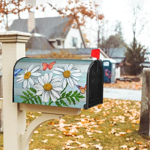 Image of Daisy Flowers Butterfly on Rustic Wooden Board Mailbox Covers Magnetic Standard Size, Spring Summer Floral Magnetic Mailbox Covers for Holiday Outside Yard Decor 18 inchx21 inch