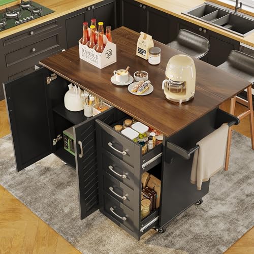 Goldicoo Carrito de cocina con tablero plegable, 107 x 40 x 93 cm, color negro, tablero de fibra de densidad media, 2 cajones, 2 puertas, estante para especias, toallero, ruedas con bloqueo