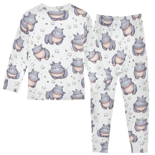 Fustylead Cute Cartoon Hippo Doodle Pajamas Cotton Sleepover PJ Set Long Sleeve Lounge Wear2